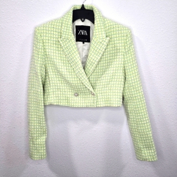 Zara Jackets & Blazers - Zara Womens Green Textured Tweed Cropped Jacket Size XS.